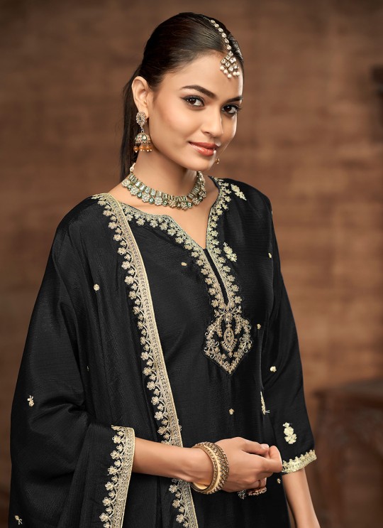 223A Black Chinon Embroidered Semi-Stitched Palazzo Suit 223A Black Chinon Embroidered Semi-Stitched Palazzo Suit