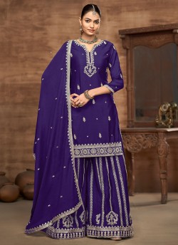 223B Purple Chinon Embroidered Semi-Stitched Palazzo Suit