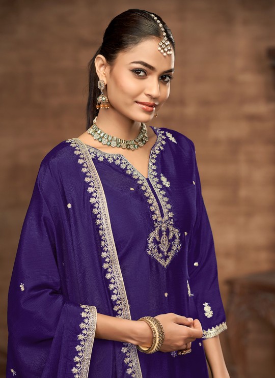 223B Purple Chinon Embroidered Semi-Stitched Palazzo Suit 223B Purple Chinon Embroidered Semi-Stitched Palazzo Suit