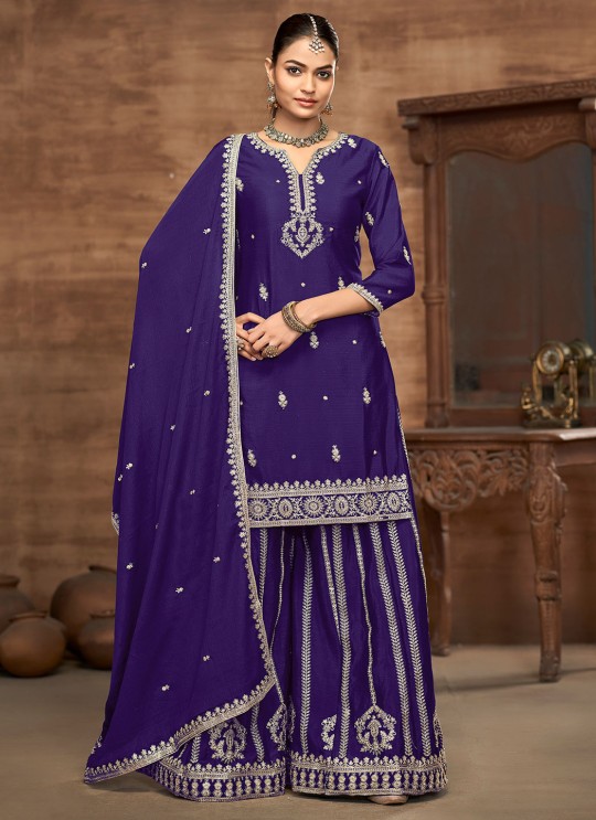 223B Purple Chinon Embroidered Semi-Stitched Palazzo Suit 223B Purple Chinon Embroidered Semi-Stitched Palazzo Suit