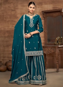 223C Teal Blue Chinon Embroidered Semi-Stitched Palazzo Suit