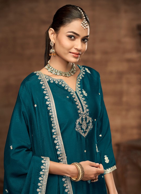 223C Teal Blue Chinon Embroidered Semi-Stitched Palazzo Suit 223C Teal Blue Chinon Embroidered Semi-Stitched Palazzo Suit