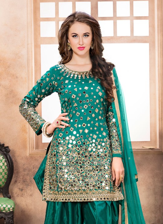 40002 Teal Green Silk Embroidered Semi-Stitched Patiala Suit