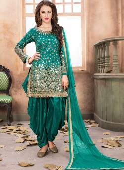 40002 Teal Green Silk Embroidered Semi-Stitched Patiala Suit