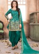 40002 Teal Green Silk Embroidered Semi-Stitched Patiala Suit