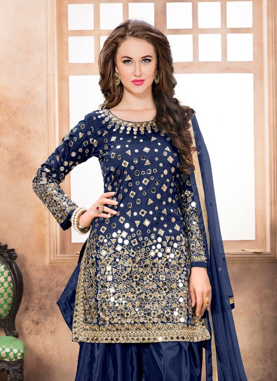 40003 Navy Blue Silk Embroidered Semi-Stitched Patiala Suit
