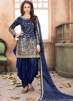 40003 Navy Blue Silk Embroidered Semi-Stitched Patiala Suit