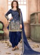 40003 Navy Blue Silk Embroidered Semi-Stitched Patiala Suit