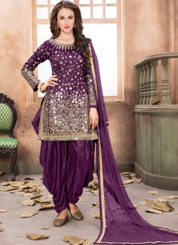 40004 Purple Silk Embroidered Semi-Stitched Patiala Suit