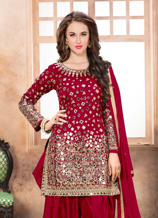 40008 Red Silk Embroidered Semi-Stitched Patiala Suit