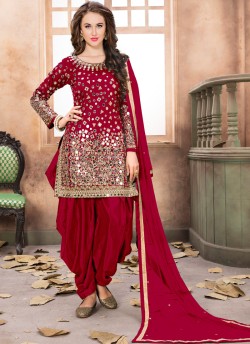 40008 Red Silk Embroidered Semi-Stitched Patiala Suit