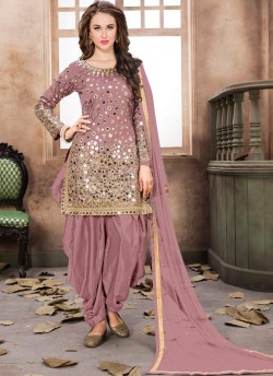 40011 Beige Silk Embroidered Semi-Stitched Patiala Suit