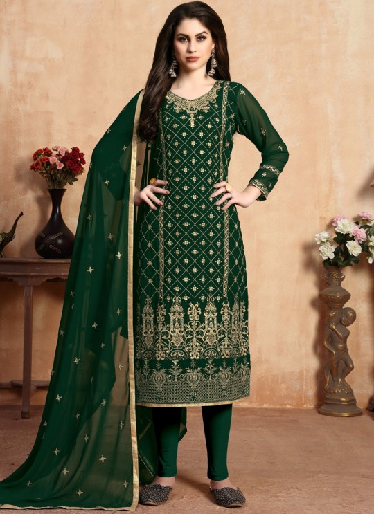 Faux Georgette Embroidered Churidar Suit For Eid 2020 In Green Aanaya Vol 106 By Dani Creation 601