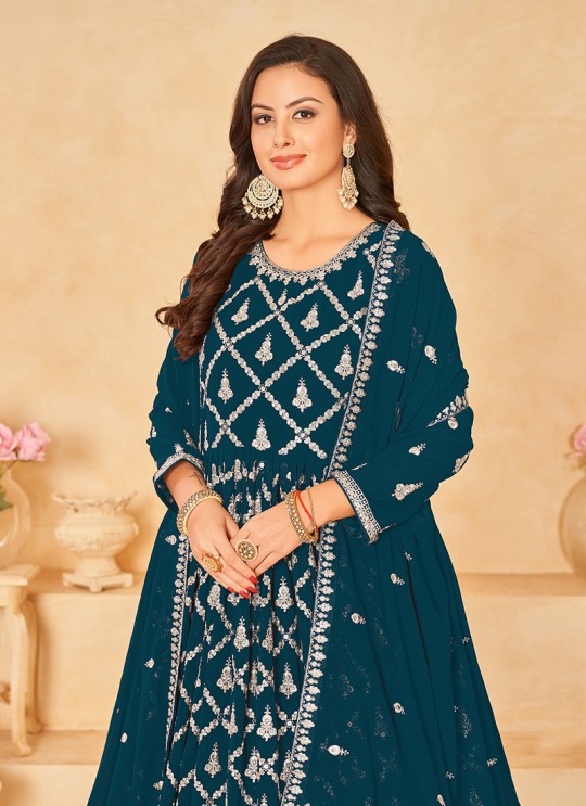 Aqua Blue Anarkali With Faux Georgette Fabric And Semi-Stitched Design Anjuba Vol-24 10243