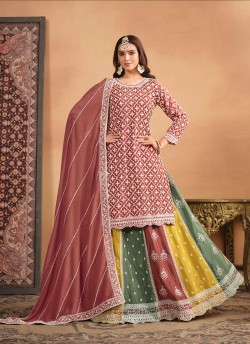 Rust Chinon Semi-Stitched Lehenga With Embroidery Anjubaa Vol-31 10312
