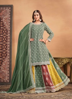 Green Chinon Semi-Stitched Lehenga With Embroidery Anjubaa Vol-31 10313