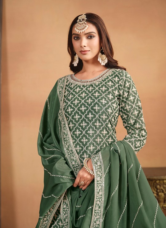Green Chinon Semi-Stitched Lehenga With Embroidery Anjubaa Vol-31 10313