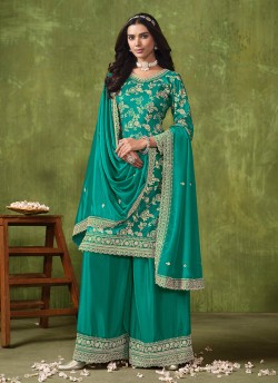 Teal Blue Palazzo With Chinon Fabric And Semi-Stitched Design Anjuba Vol-33 10333
