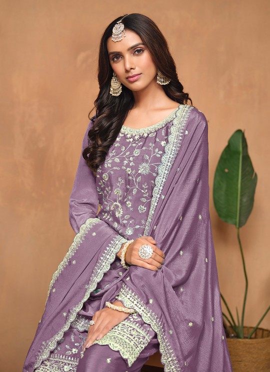 Light Purple Chinon Semi-Stitched Palazzo With Embroidery Anjubaa Vol-34 10342