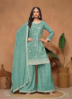 Sea Green Chinon Semi-Stitched Palazzo With Embroidery Anjubaa Vol-34 10343