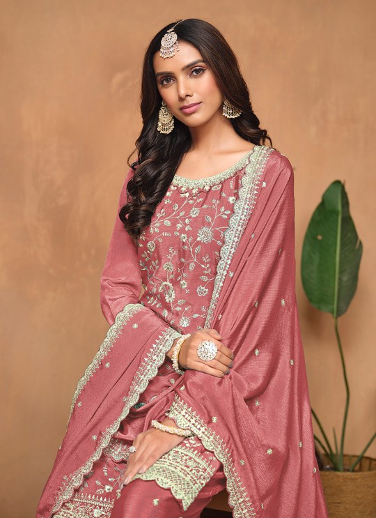 Peach Chinon Semi-Stitched Palazzo With Embroidery Anjubaa Vol-34 10344