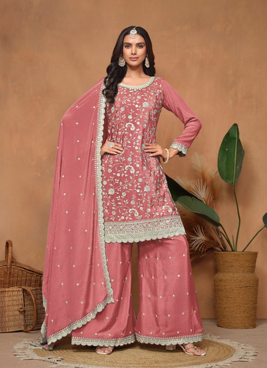 Peach Chinon Semi-Stitched Palazzo With Embroidery Anjubaa Vol-34 10344
