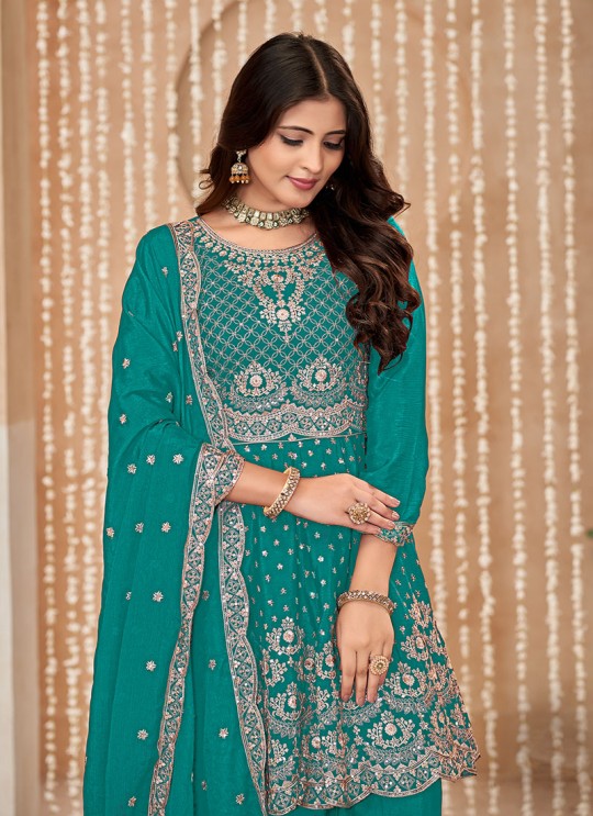 Teal Green Palazzo With Chinon Fabric And Semi-Stitched Design Anjuba Vol-35 10351 Teal Green Palazzo With Chinon Fabric And Semi-Stitched Design Anjuba Vol-35 10351