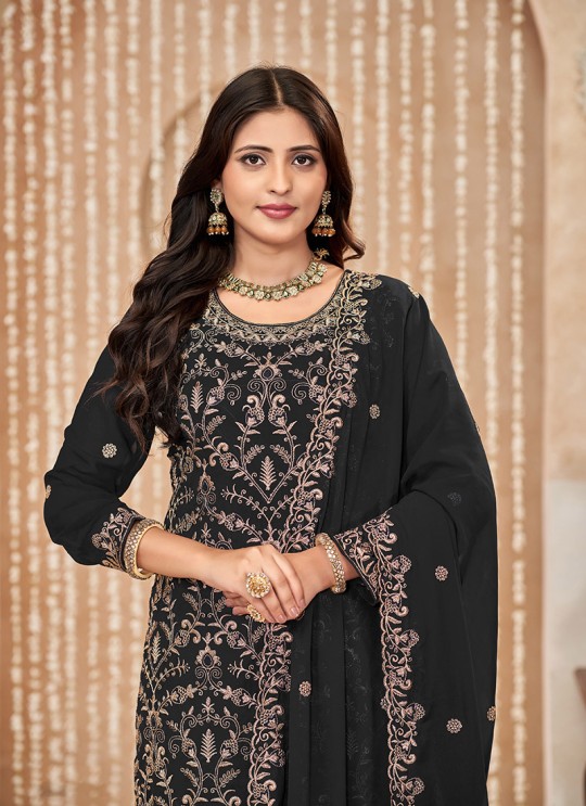 Black Palazzo With Faux Georgette Fabric And Semi-Stitched Design Anjubaa Vol-36 10365 Black Palazzo With Faux Georgette Fabric And Semi-Stitched Design Anjubaa Vol-36 10365