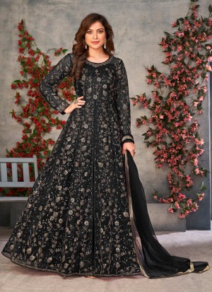 white christmas dresses Black Anarkali Georgette Gown With Golden Dupatta Set – Niharika Jaipur main image 0