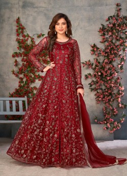 Maroon Anarkali With Net Fabric And Semi-Stitched Design Anjubaa Vol-37 374