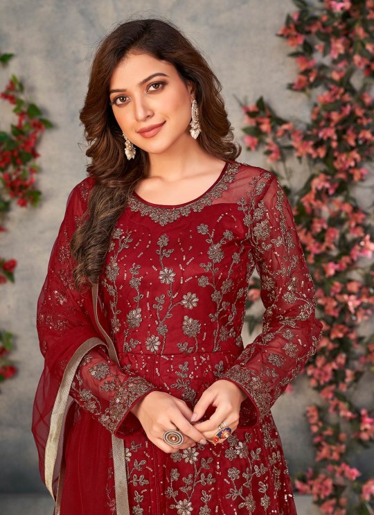 Maroon Anarkali With Net Fabric And Semi-Stitched Design Anjubaa Vol-37 374 Maroon Anarkali With Net Fabric And Semi-Stitched Design Anjubaa Vol-37 374