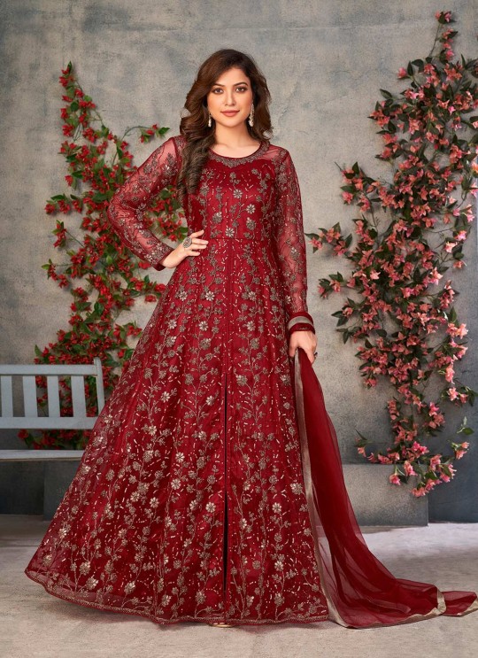 Maroon Anarkali With Net Fabric And Semi-Stitched Design Anjubaa Vol-37 374 Maroon Anarkali With Net Fabric And Semi-Stitched Design Anjubaa Vol-37 374