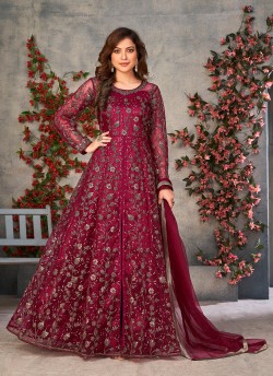 Rani Pink Anarkali With Net Fabric And Semi-Stitched Design Anjuba Vol-4 10032
