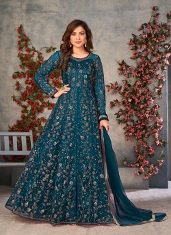 Teal Blue Anarkali With Net Fabric And Semi-Stitched Design Anjuba Vol-4 10033