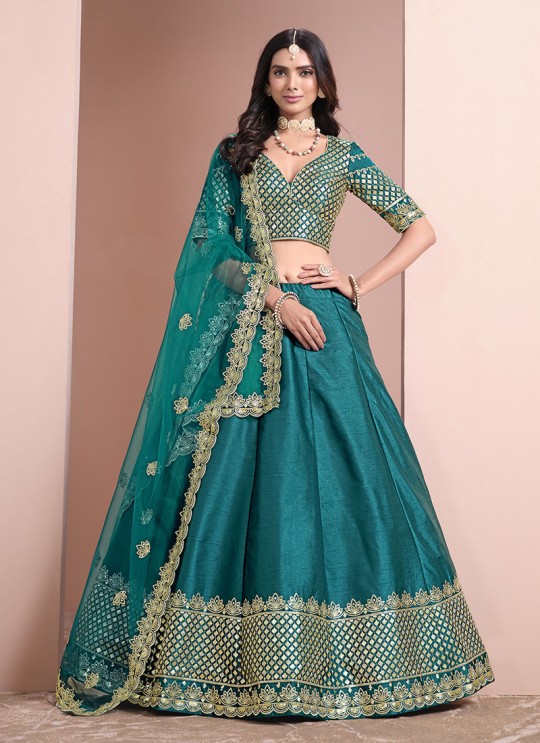 Teal Blue Art Silk Semi-Stitched Lehenga Mehvish Vol-10 1001