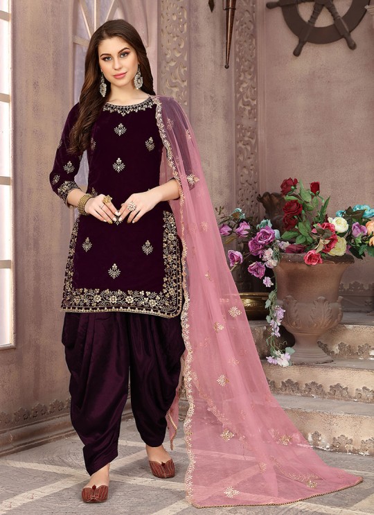 Wine Velvet Patiala Suit With Elegant Embroidery Twisha 1801