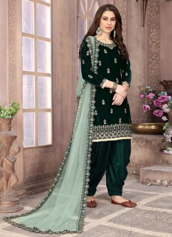 Green Velvet Patiala Suit With Elegant Embroidery Twisha 1802