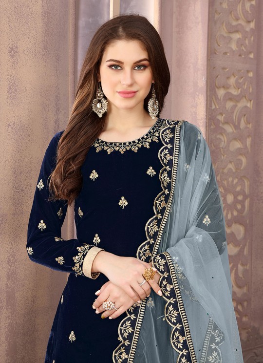 Navy Blue Velvet Patiala Suit With Elegant Embroidery Twisha 1803