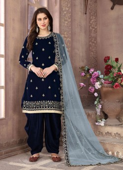 Navy Blue Velvet Patiala Suit With Elegant Embroidery Twisha 1803