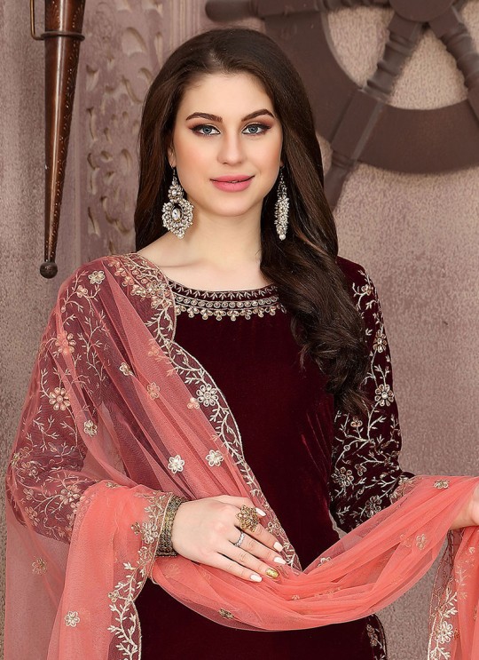 Maroon Velvet Patiala Suit With Elegant Embroidery Twisha 1804 Maroon Velvet Patiala Suit With Elegant Embroidery Twisha 1804