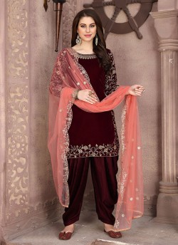 Maroon Velvet Patiala Suit With Elegant Embroidery Twisha 1804