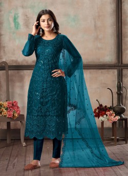 Teal Blue Net Semi-Stitched Straight-Suits Vaani Vol-1 16
