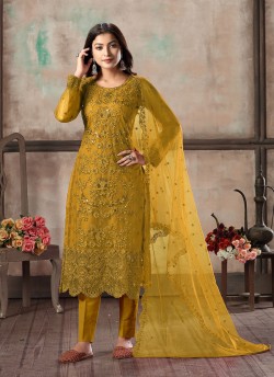 Mustard Net Semi-Stitched Straight-Suits Vaani Vol-1 18