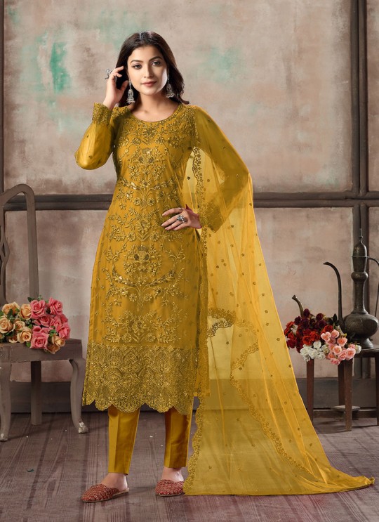 Mustard Net Semi-Stitched Straight-Suits Vaani Vol-1 18