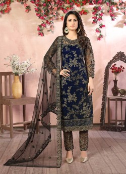 Blue Net Semi-Stitched Straight-Suits Vaani Vol-8 83