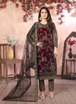 Maroon Net Semi-Stitched Straight-Suits Vaani Vol-8 84