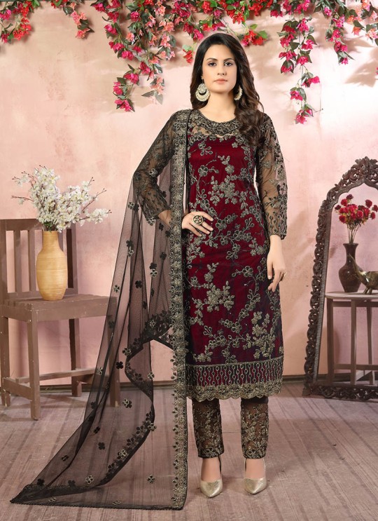 Maroon Net Semi-Stitched Straight-Suits Vaani Vol-8 84