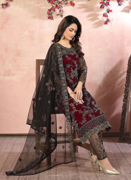 Maroon Net Semi-Stitched Straight-Suits Vaani Vol-8 84