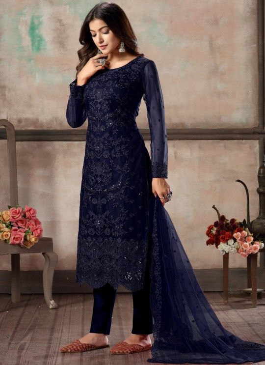 Blue Net Embroidered Party Wear Straight Cut Suit Vaani Vol 1 By Dani Creation 13