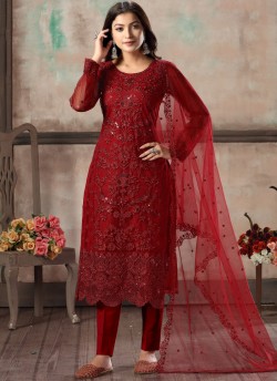 Red Net Embroidered Party Wear Straight Cut Suit Vaani Vol 1 By Dani Creation 14